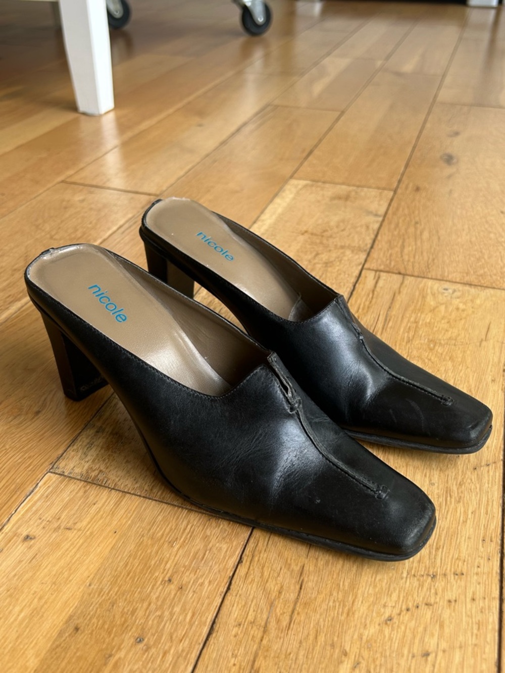 Nicole Black Leather Square-Toe Slip-On Mule Heels